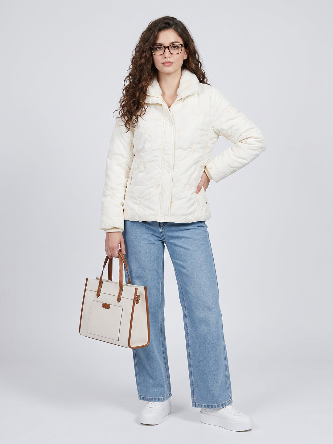Women Off White Embroidered Stand Collar Full Sleeve Puffer Jacket