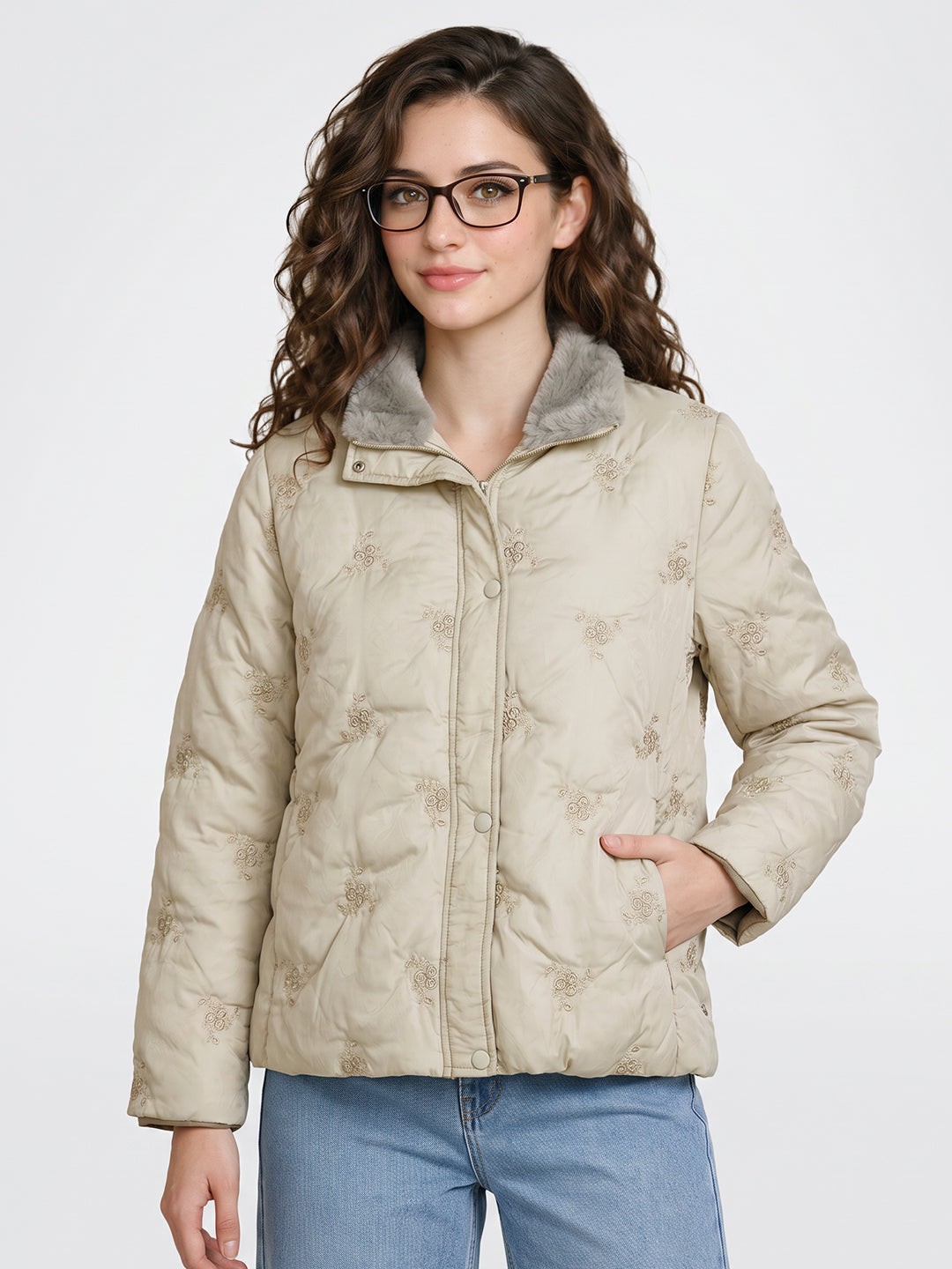 Women Green Embroidered Stand Collar Full Sleeve Puffer Jacket