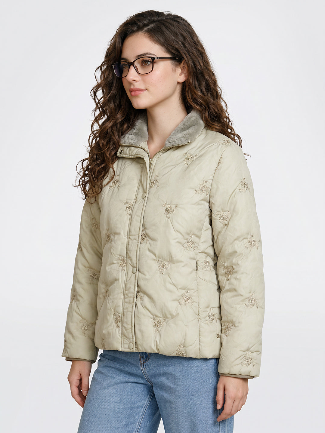 Women Green Embroidered Stand Collar Full Sleeve Puffer Jacket