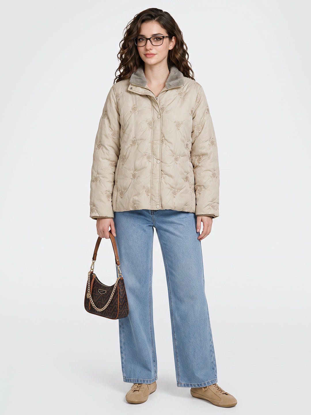 Women Green Embroidered Stand Collar Full Sleeve Puffer Jacket