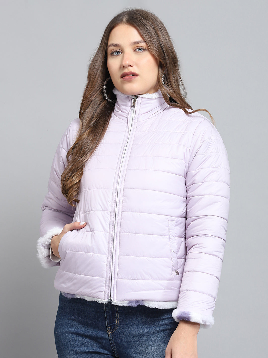 Women Purple Solid Collar Full Sleeve Reversible Jacket