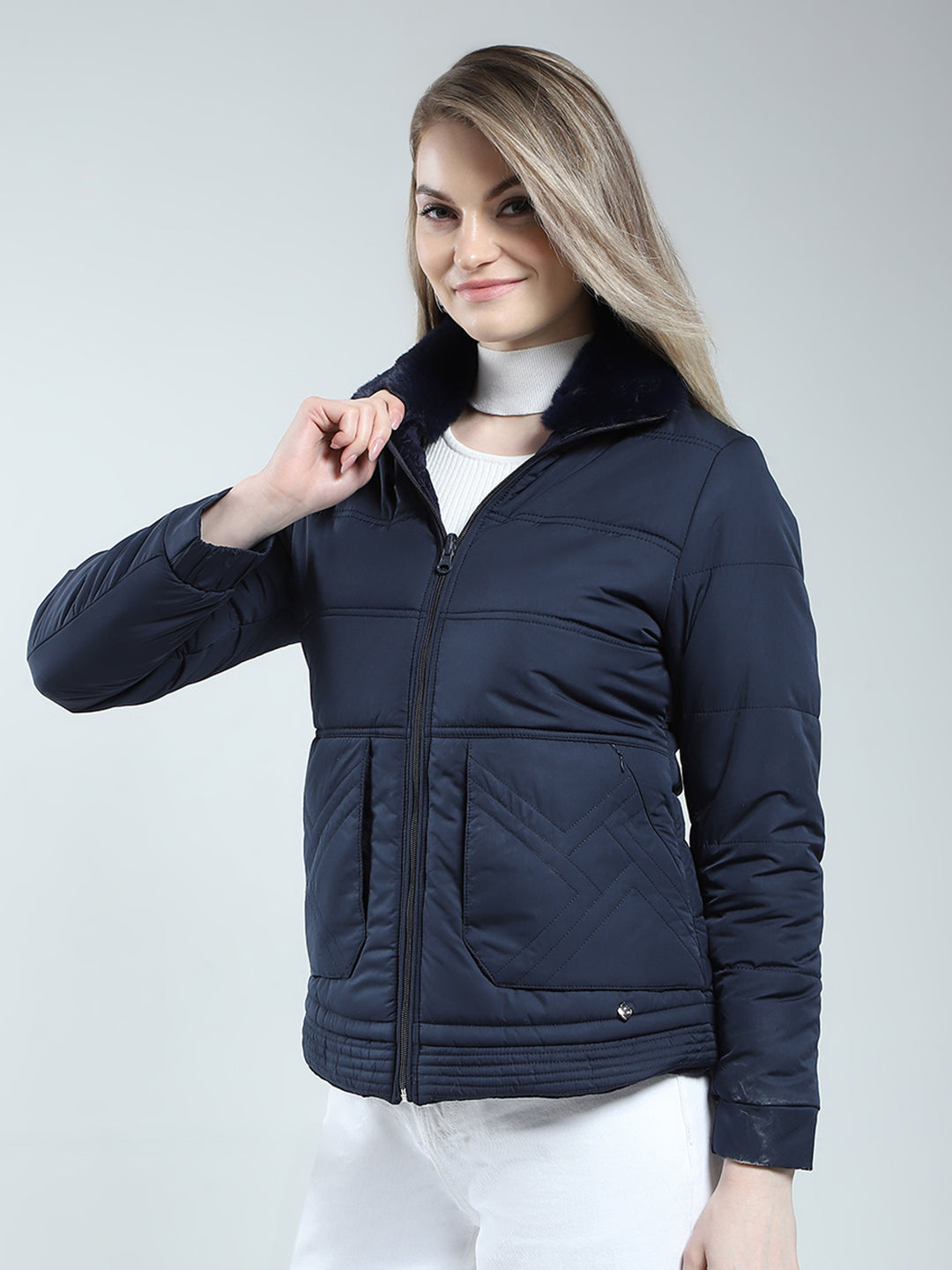 Women Navy Blue Solid Mock Neck Full Sleeve Reversible Jacket