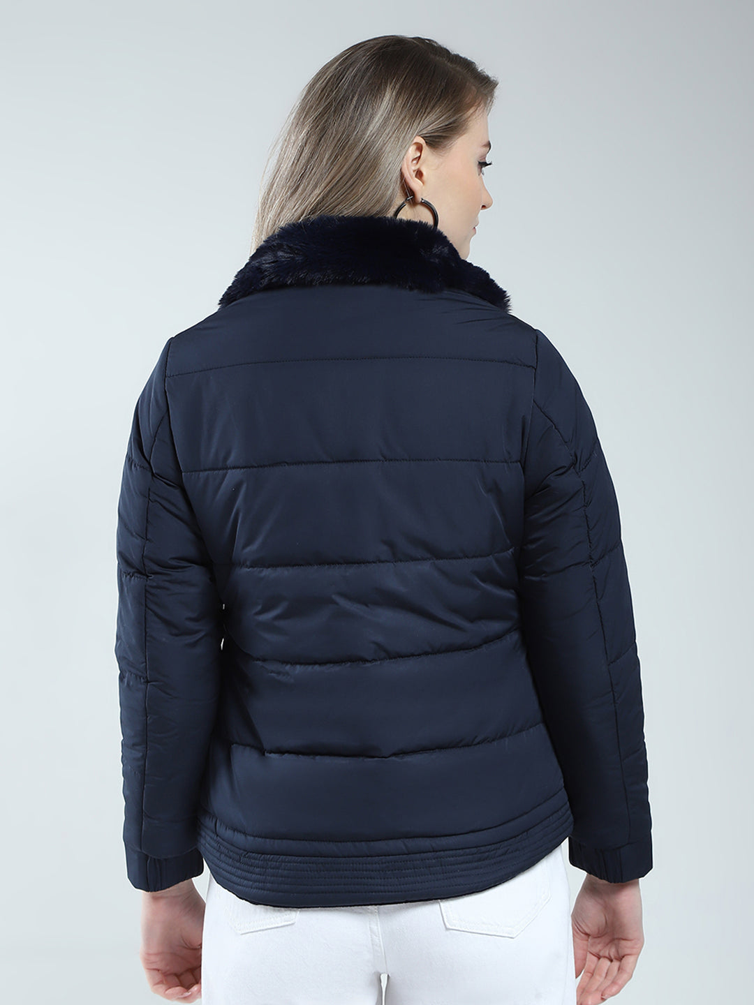 Women Navy Blue Solid Mock Neck Full Sleeve Reversible Jacket