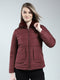 Women Maroon Solid Mock Neck Full Sleeve Reversible Jacket