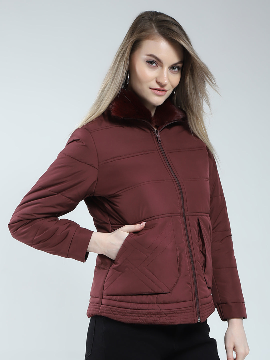 Women Maroon Solid Mock Neck Full Sleeve Reversible Jacket