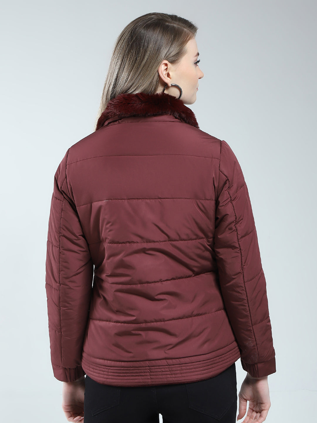 Women Maroon Solid Mock Neck Full Sleeve Reversible Jacket