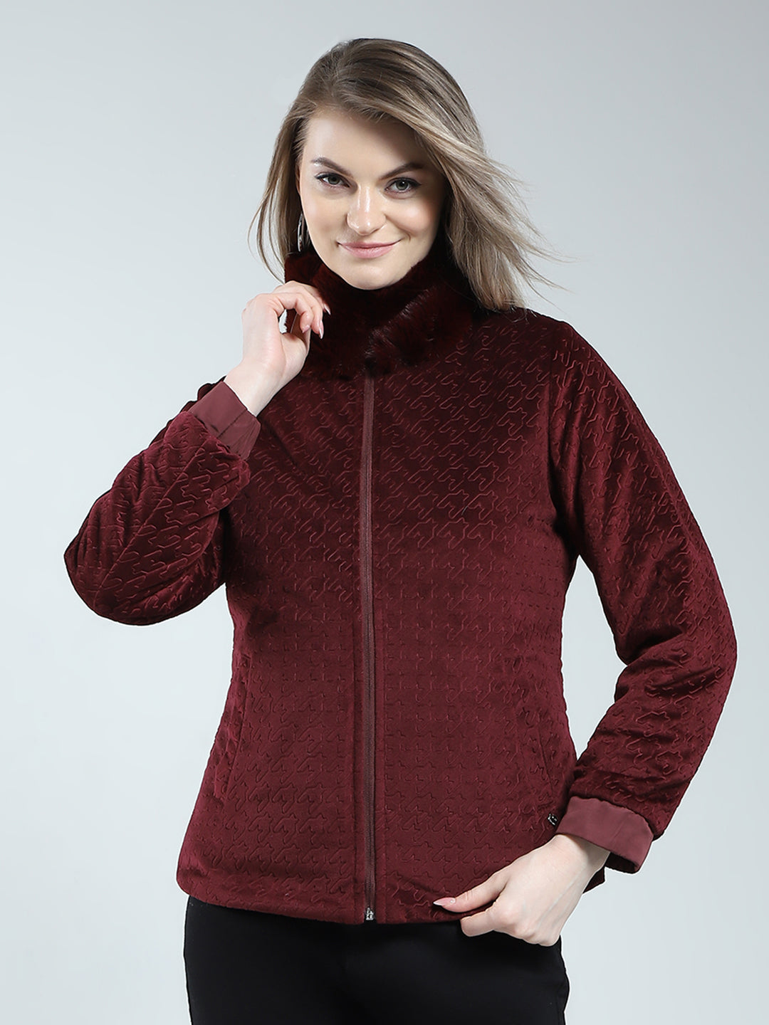 Women Maroon Solid Mock Neck Full Sleeve Reversible Jacket