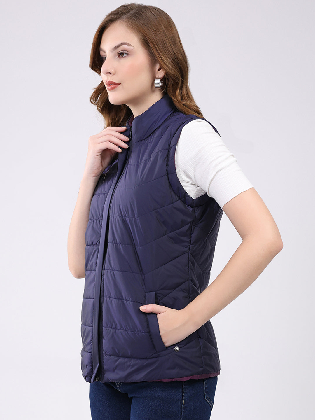 Women Navy Blue Self Design Hooded Jacket Set (1 Full & 1 Half Sleeve Reversible)