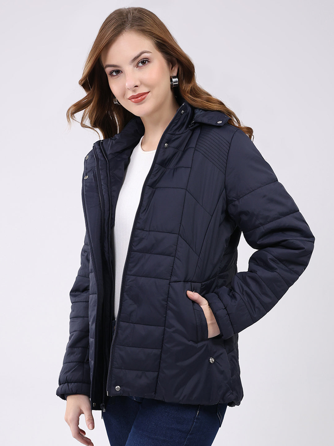 Women Navy Blue Self Design Hooded Jacket Set (1 Full & 1 Half Sleeve Reversible)