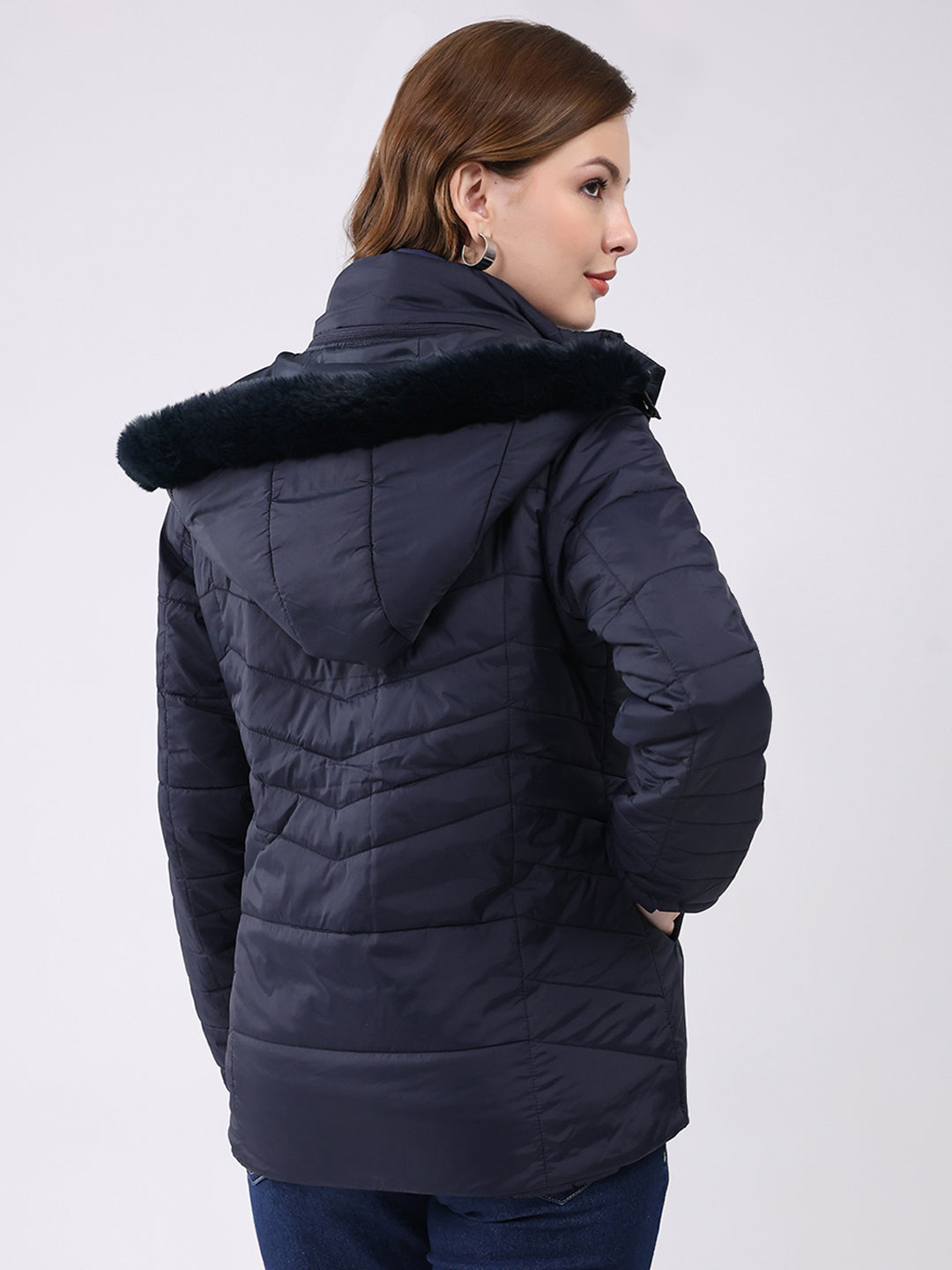 Women Navy Blue Self Design Hooded Jacket Set (1 Full & 1 Half Sleeve Reversible)