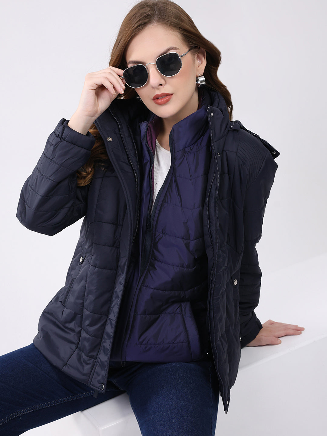 Women Navy Blue Self Design Hooded Jacket Set (1 Full & 1 Half Sleeve Reversible)