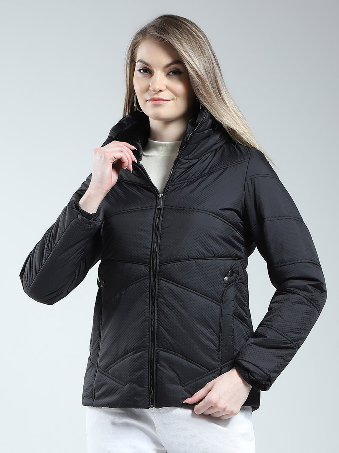 Women Black Self Design Mock Neck Full Sleeve Jacket