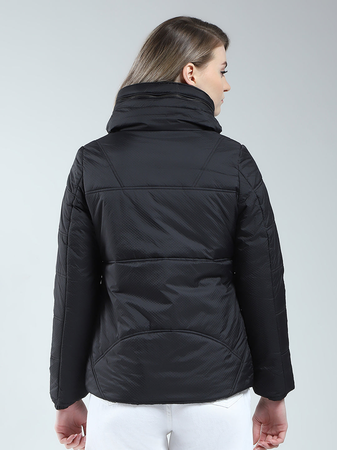 Women Black Self Design Mock Neck Full Sleeve Jacket