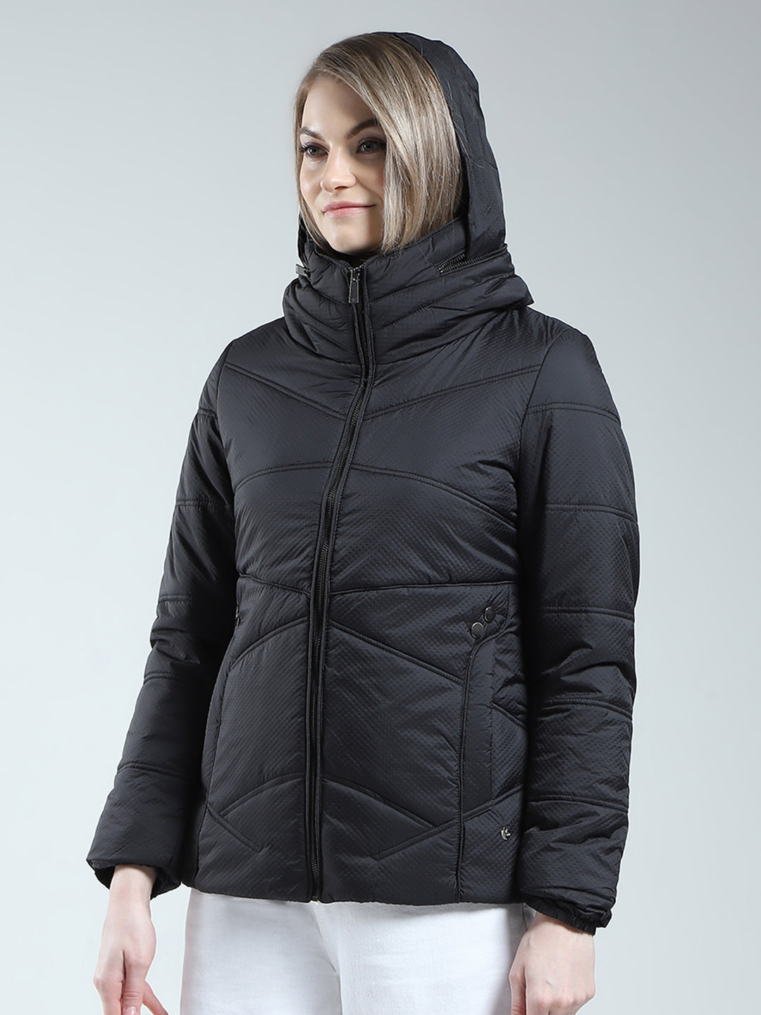 Women Black Self Design Mock Neck Full Sleeve Jacket