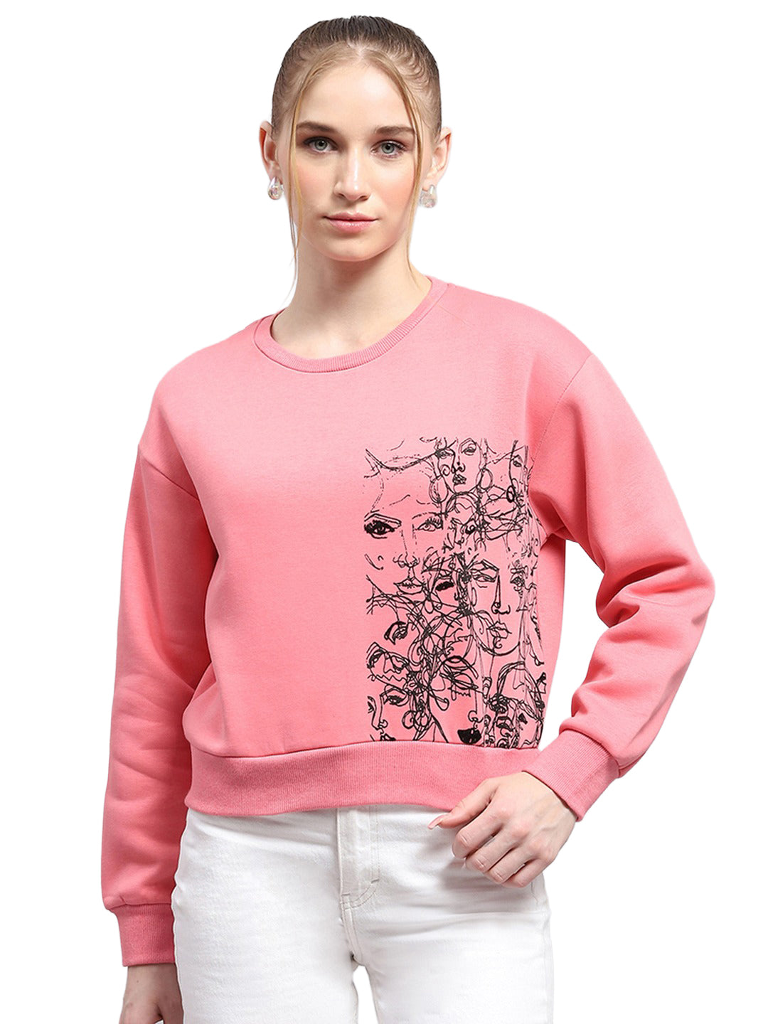 Women Pink Printed Round Neck Full Sleeve Sweatshirt