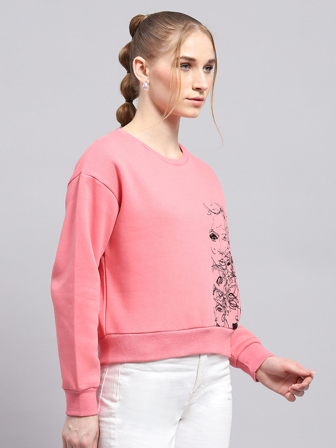 Women Pink Printed Round Neck Full Sleeve Sweatshirt