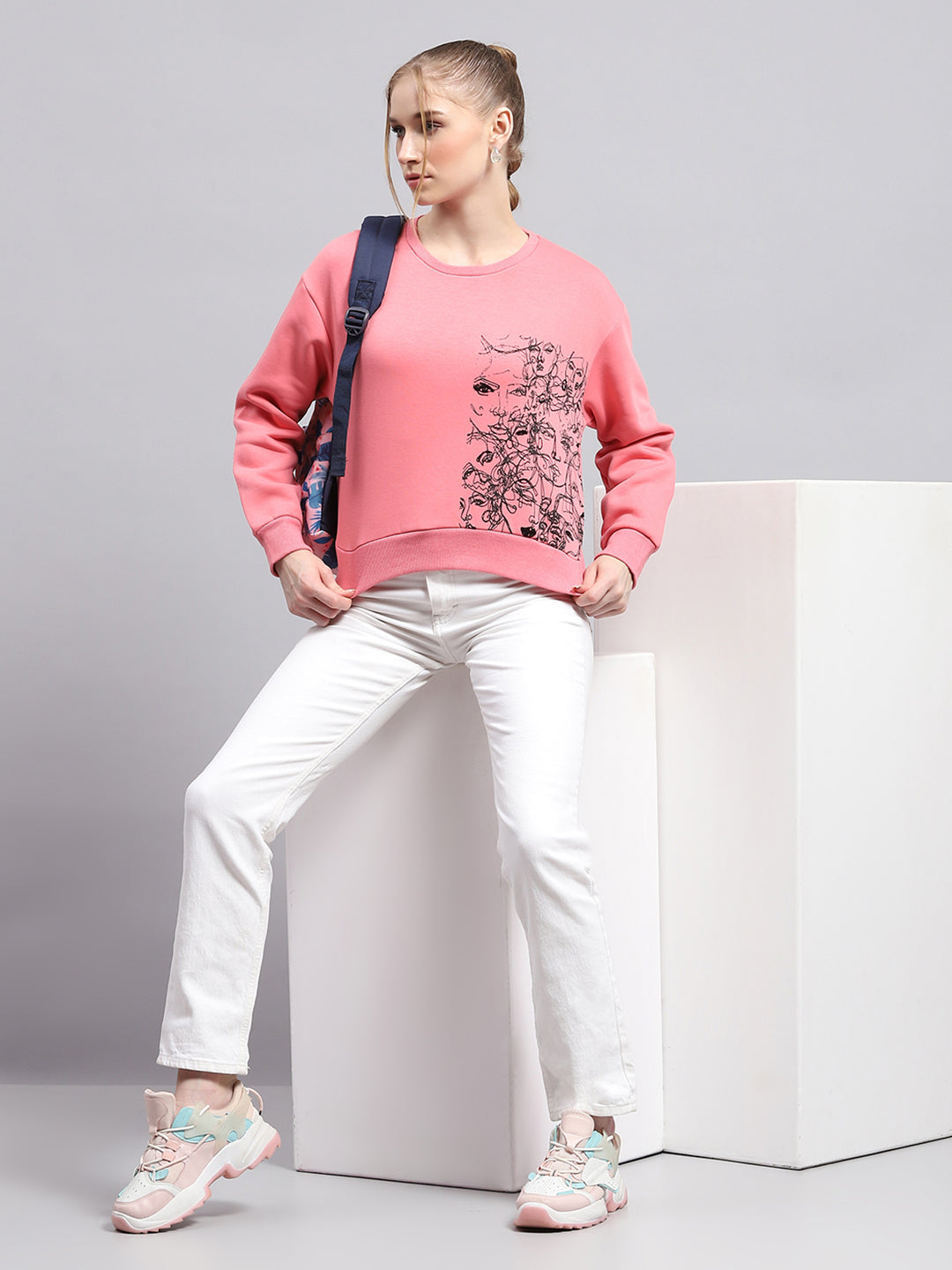 Women Pink Printed Round Neck Full Sleeve Sweatshirt