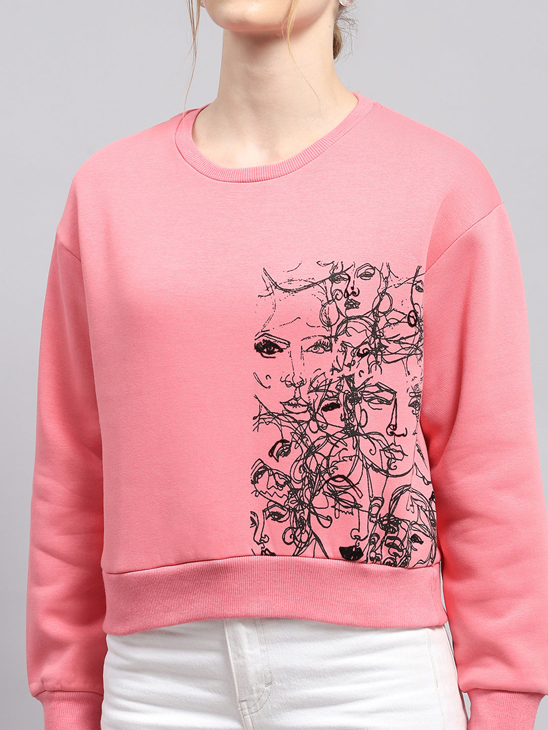 Women Pink Printed Round Neck Full Sleeve Sweatshirt