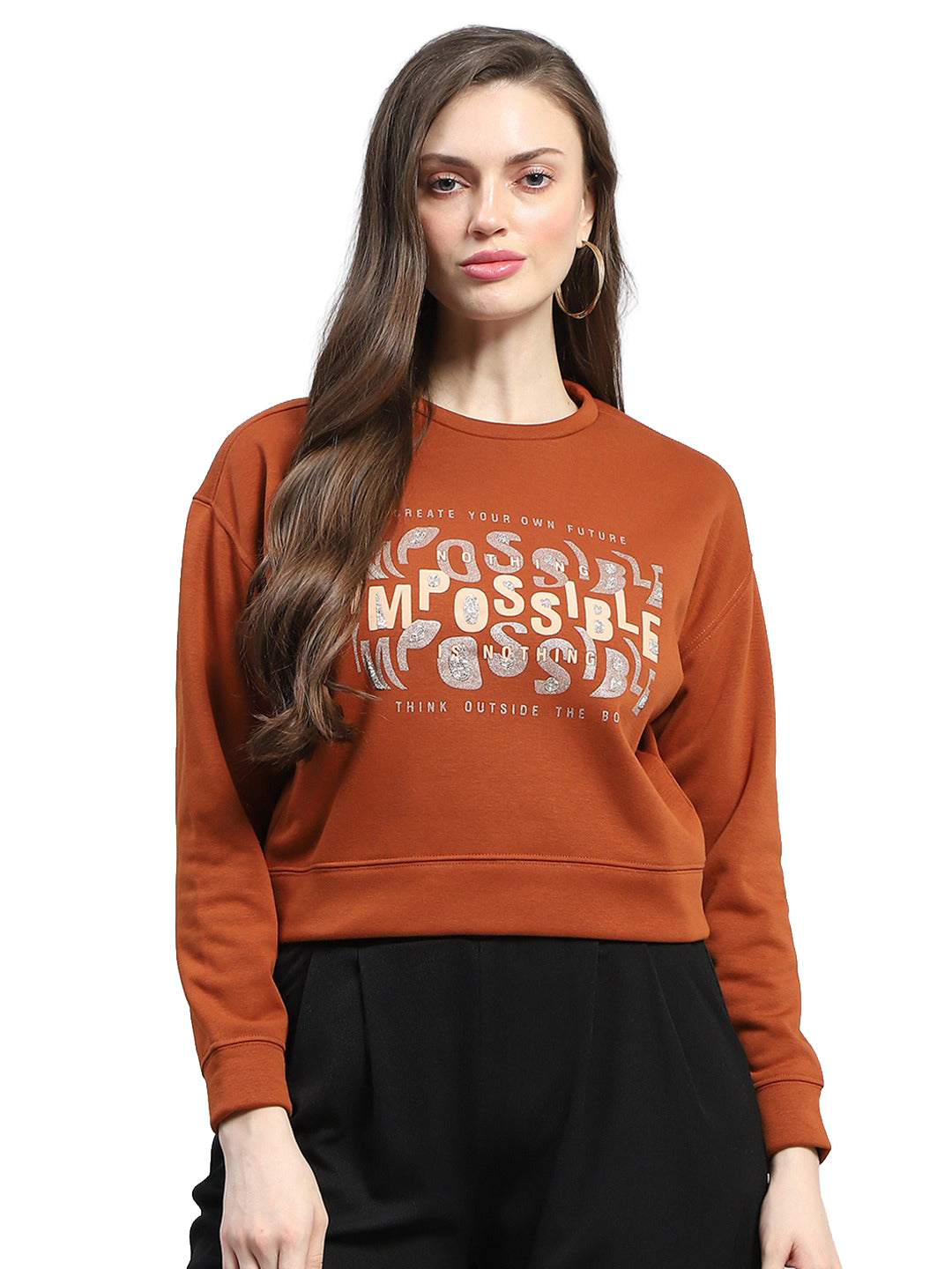 Women Rust Printed Round Neck Full Sleeve Sweatshirt