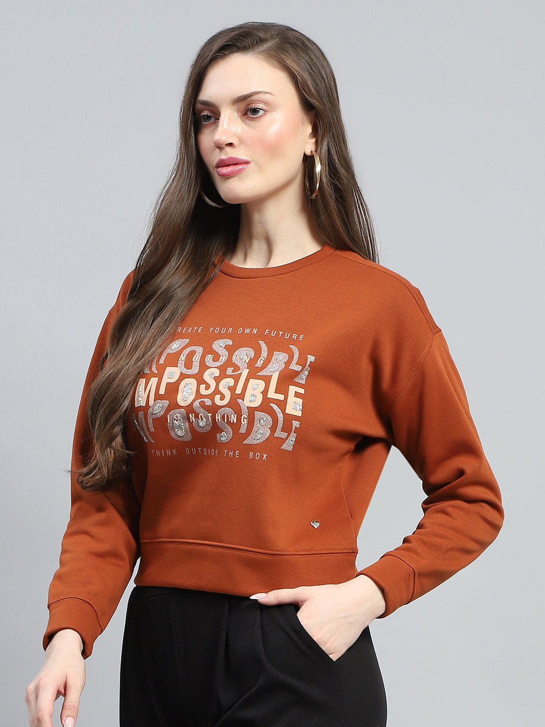 Women Rust Printed Round Neck Full Sleeve Sweatshirt