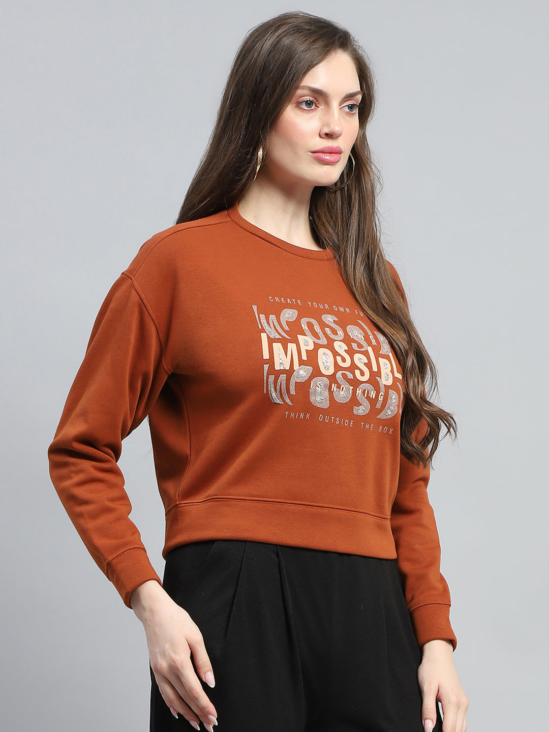 Women Rust Printed Round Neck Full Sleeve Sweatshirt