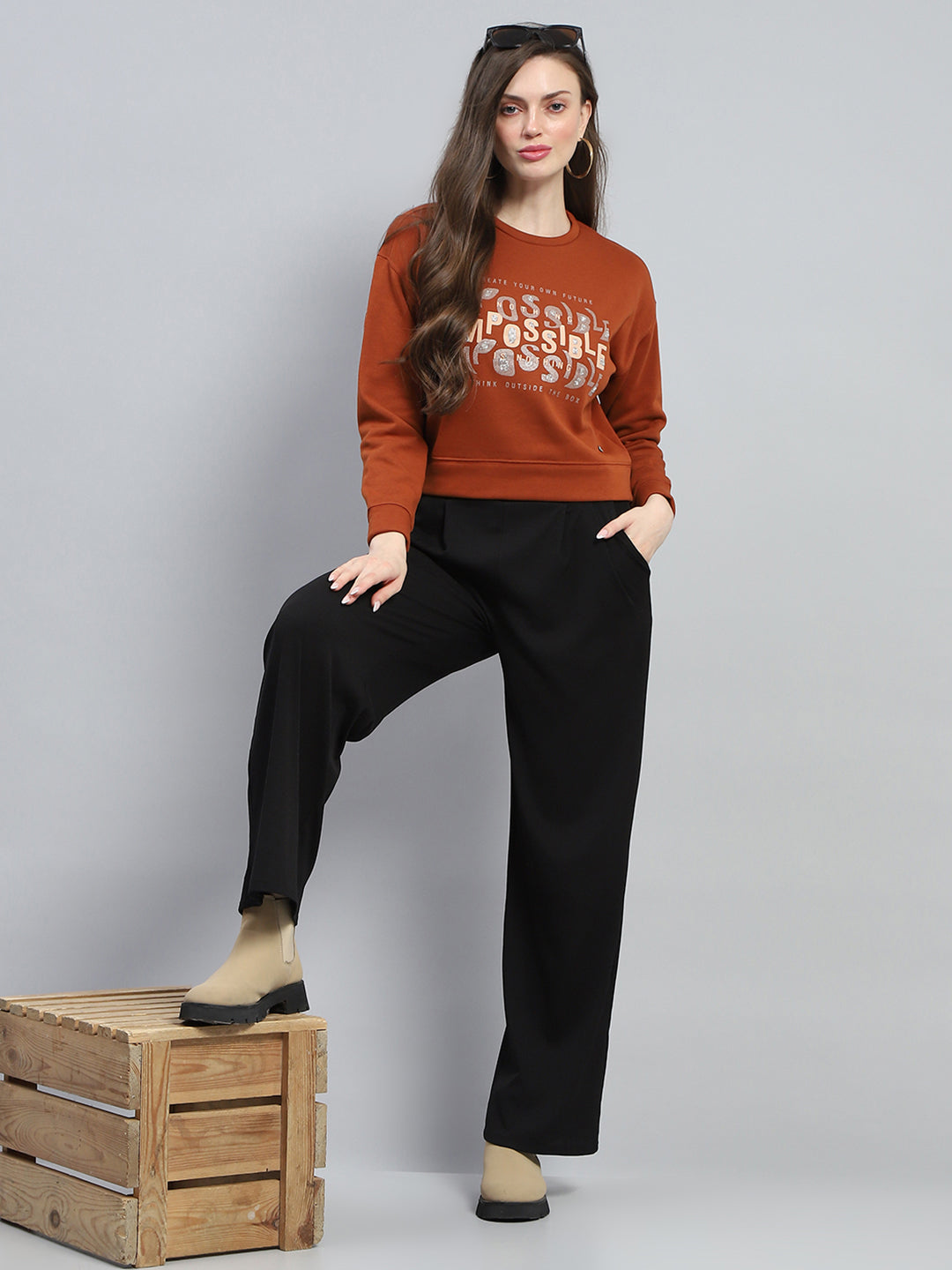 Women Rust Printed Round Neck Full Sleeve Sweatshirt