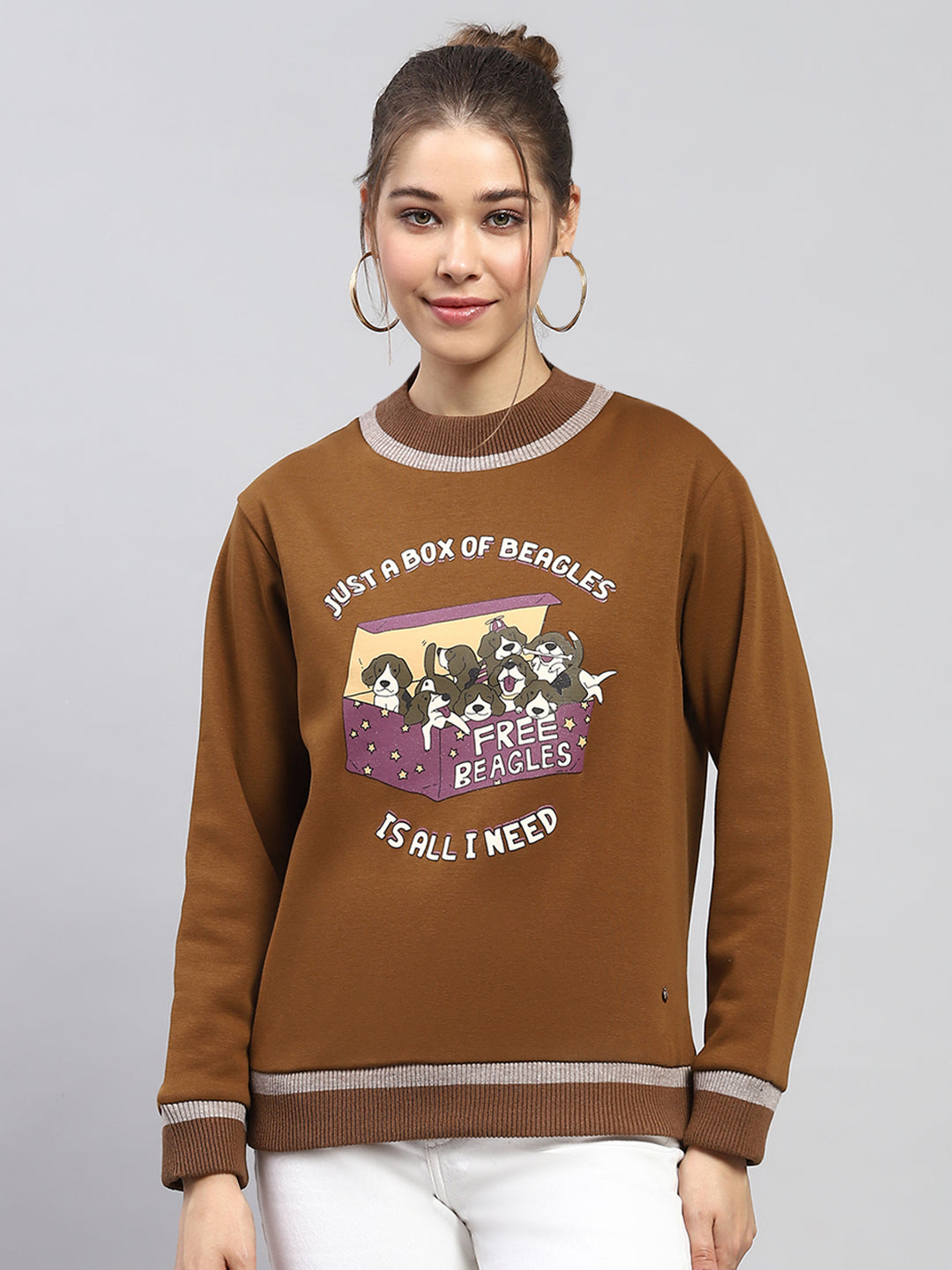 Women Khaki Printed Round Neck Full Sleeve Sweatshirt