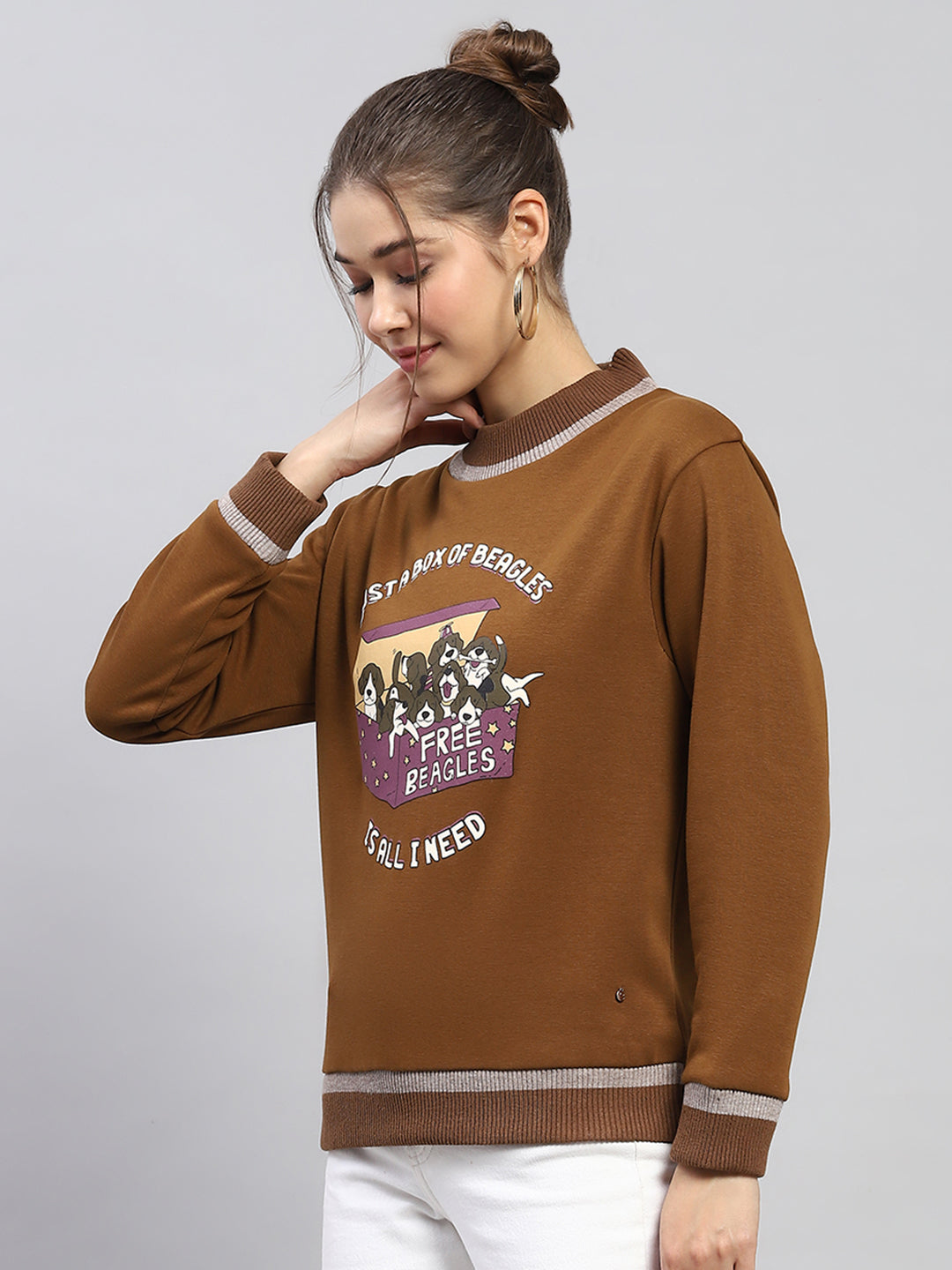 Women Khaki Printed Round Neck Full Sleeve Sweatshirt