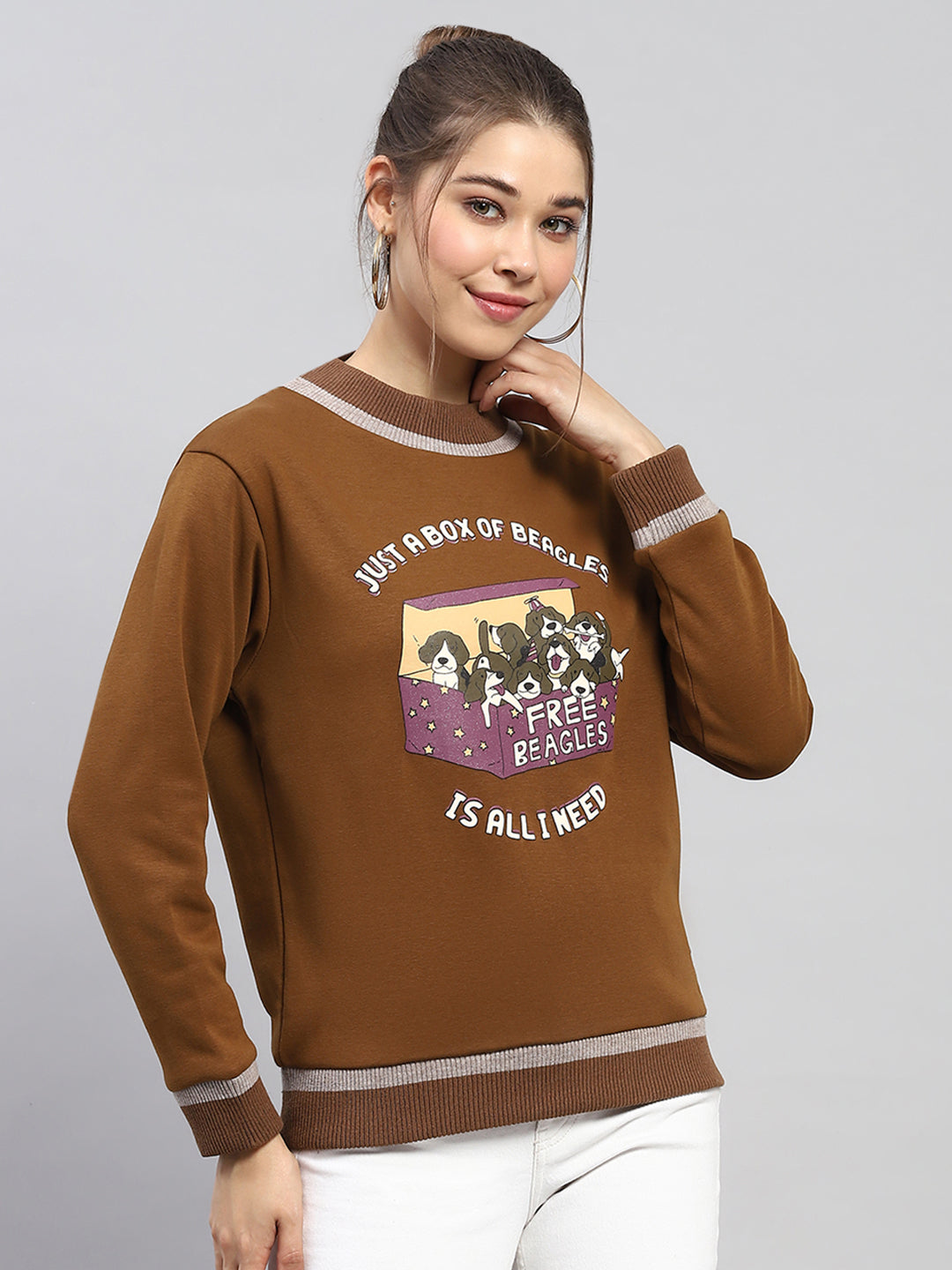 Women Khaki Printed Round Neck Full Sleeve Sweatshirt