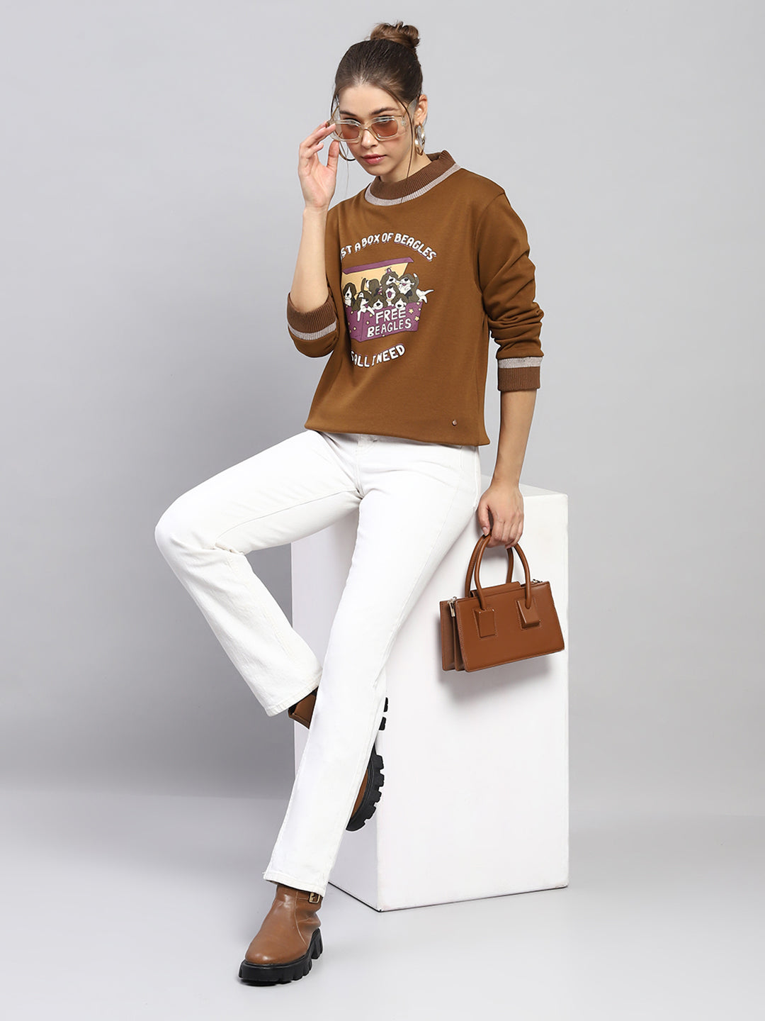 Women Khaki Printed Round Neck Full Sleeve Sweatshirt