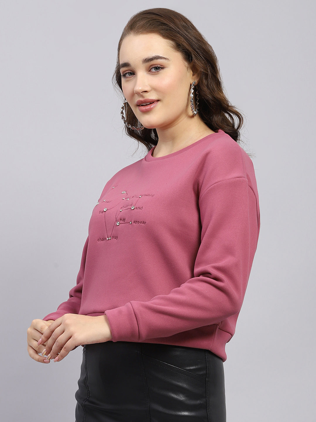 Women Pink Embroidered Round Neck Full Sleeve Sweatshirt