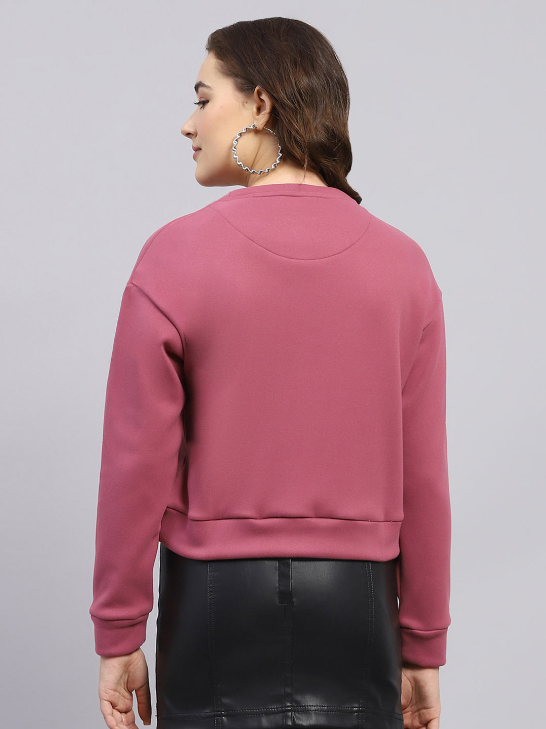 Women Pink Embroidered Round Neck Full Sleeve Sweatshirt