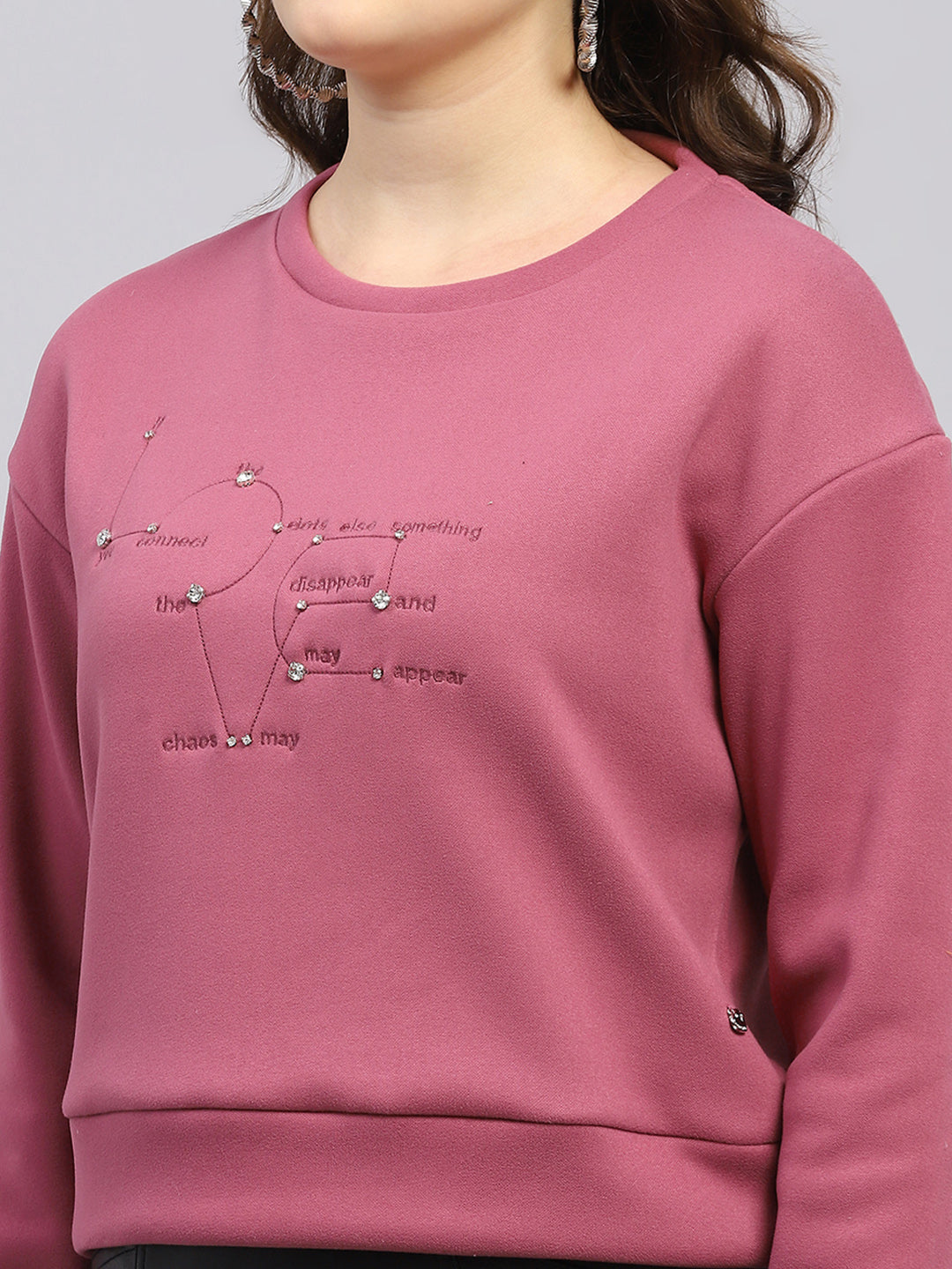 Women Pink Embroidered Round Neck Full Sleeve Sweatshirt