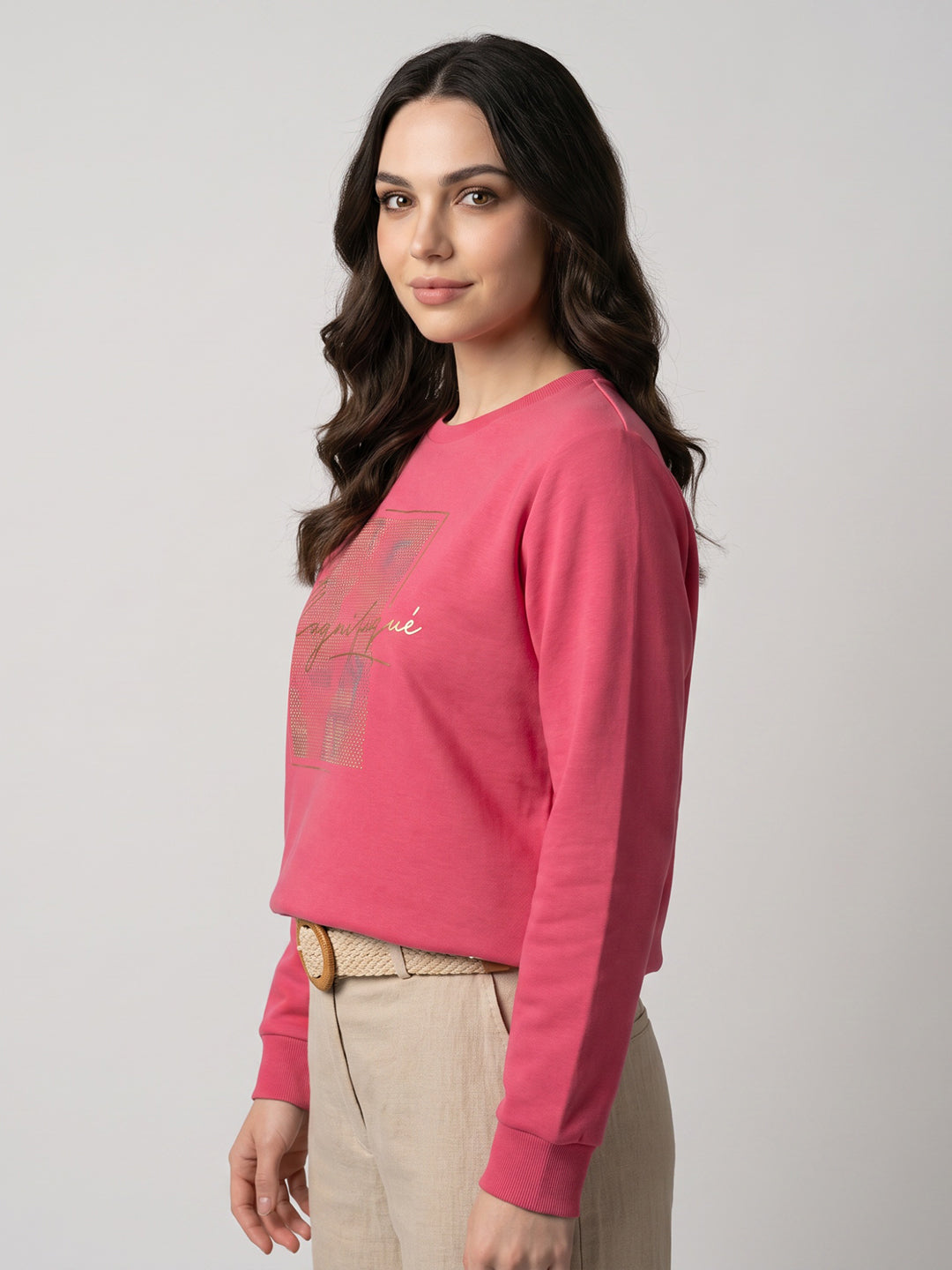 Women Coral Printed Round Neck Full Sleeve Sweatshirt