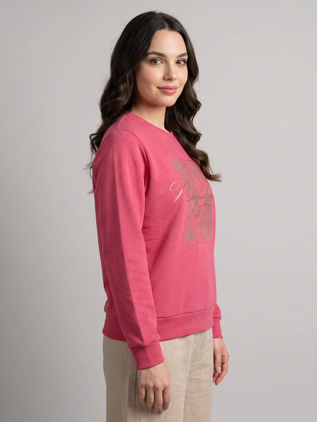 Women Coral Printed Round Neck Full Sleeve Sweatshirt