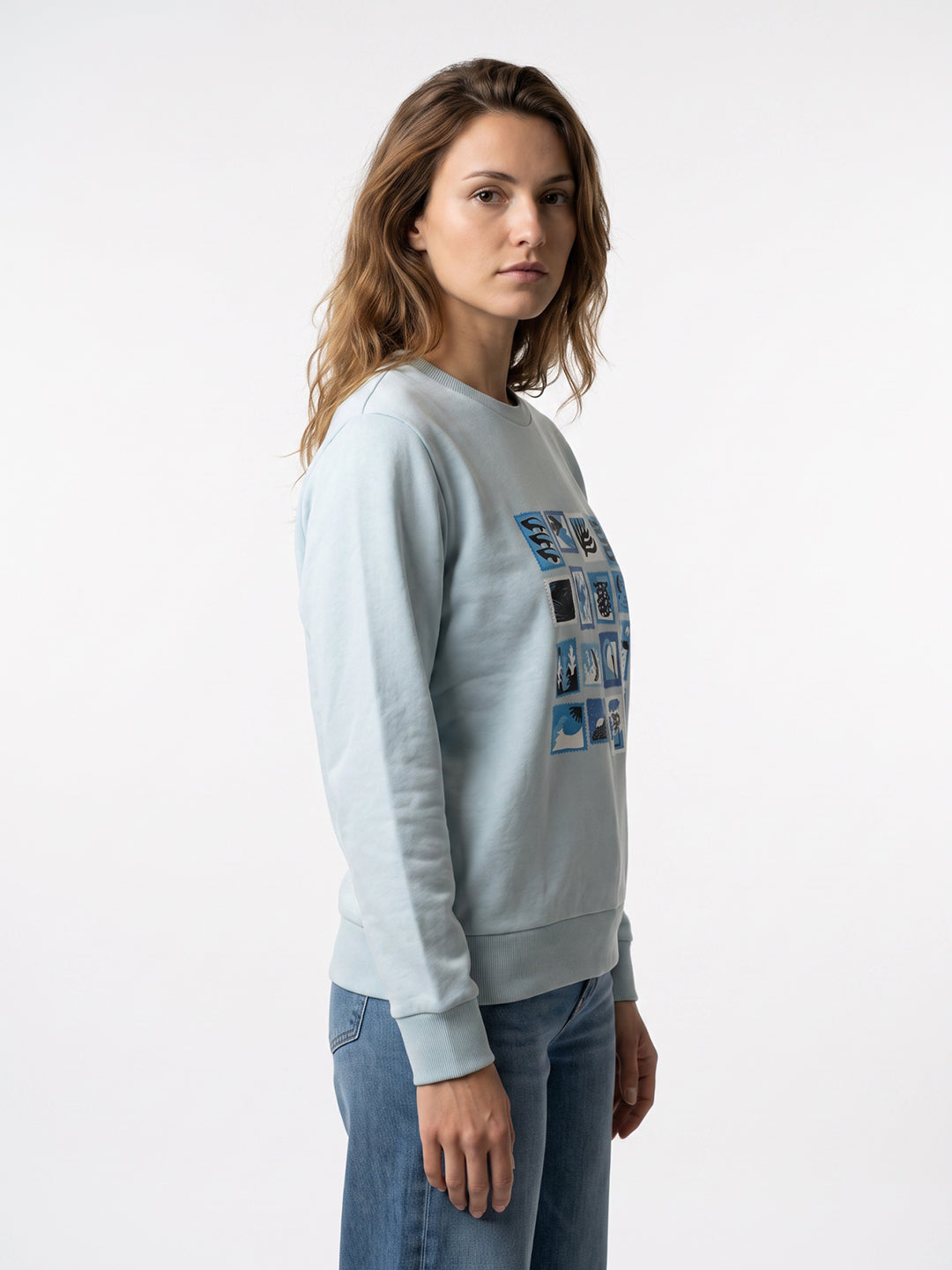 Women Blue Graphic Print Round Neck Full Sleeve Sweatshirt