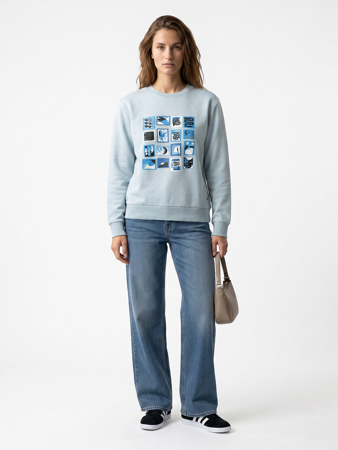 Women Blue Graphic Print Round Neck Full Sleeve Sweatshirt