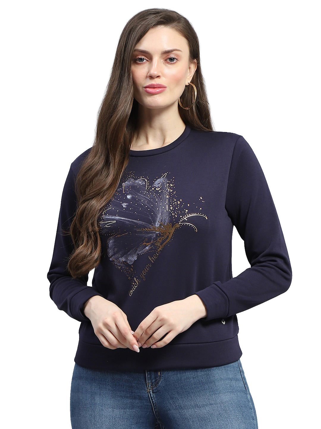 Women Blue Printed Round Neck Full Sleeve Sweatshirt