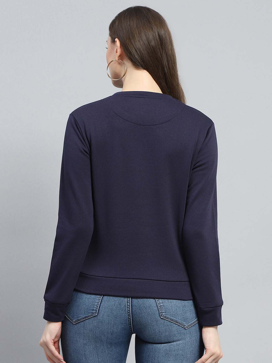 Women Blue Printed Round Neck Full Sleeve Sweatshirt