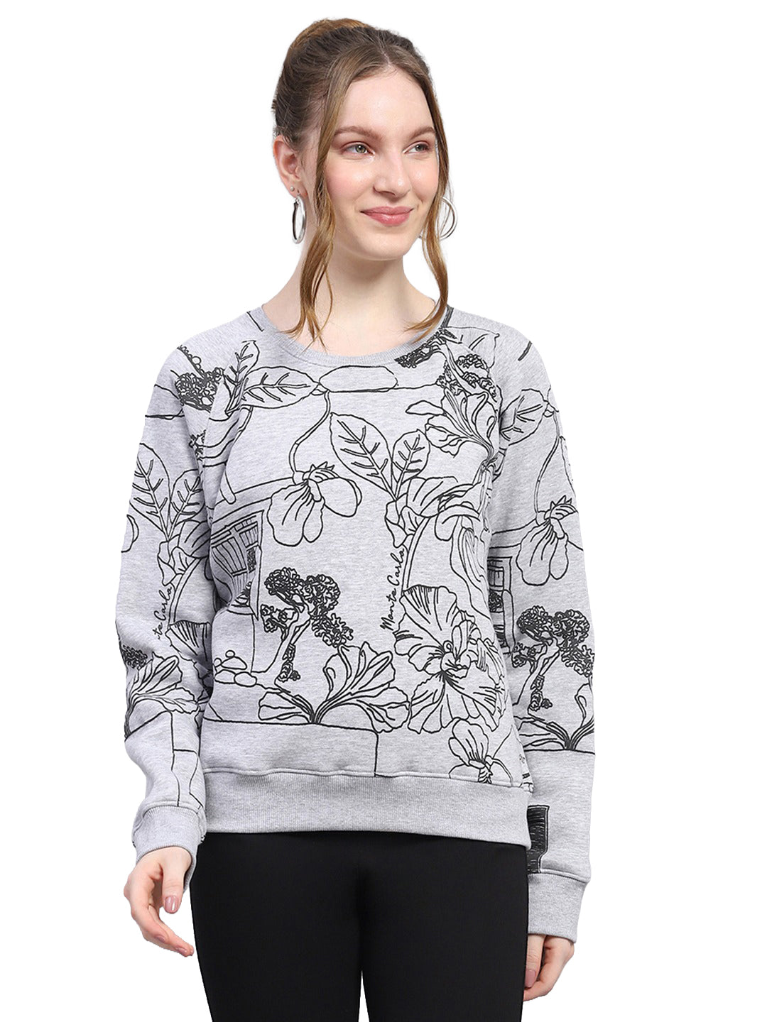 Women Grey Printed Round Neck Full Sleeve Sweatshirt