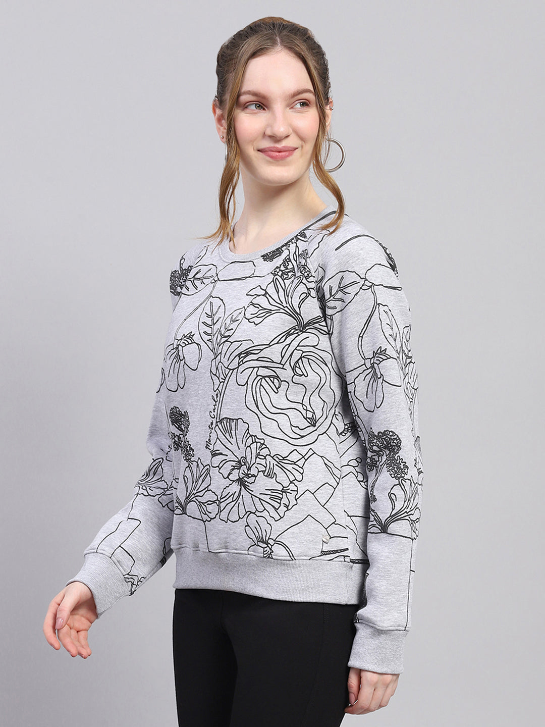 Women Grey Printed Round Neck Full Sleeve Sweatshirt
