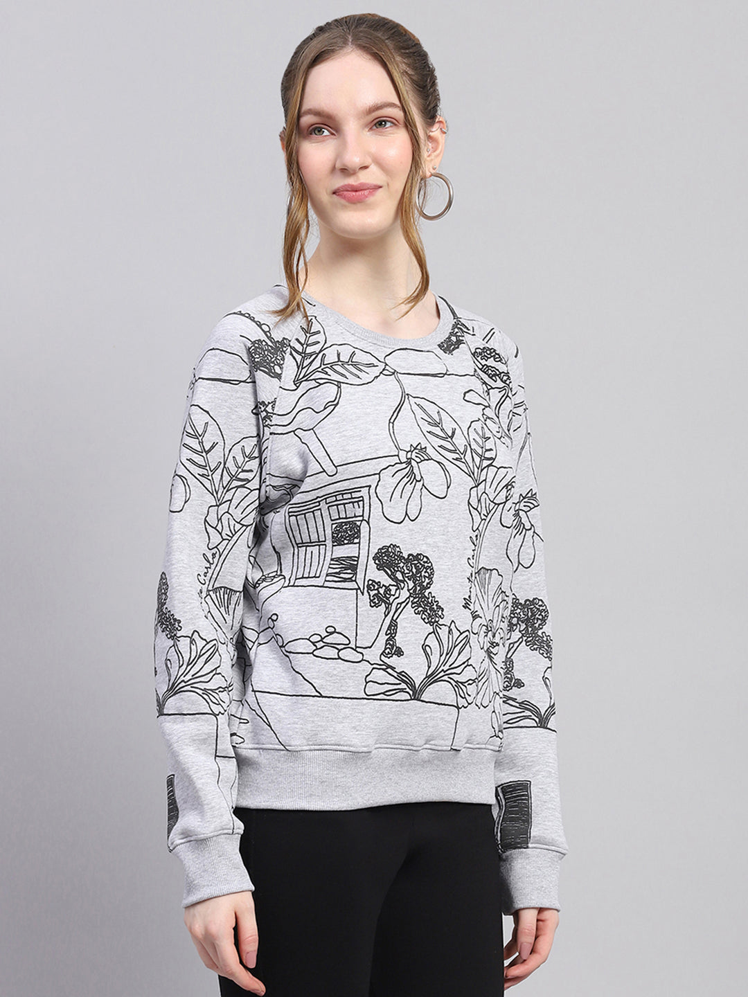 Women Grey Printed Round Neck Full Sleeve Sweatshirt