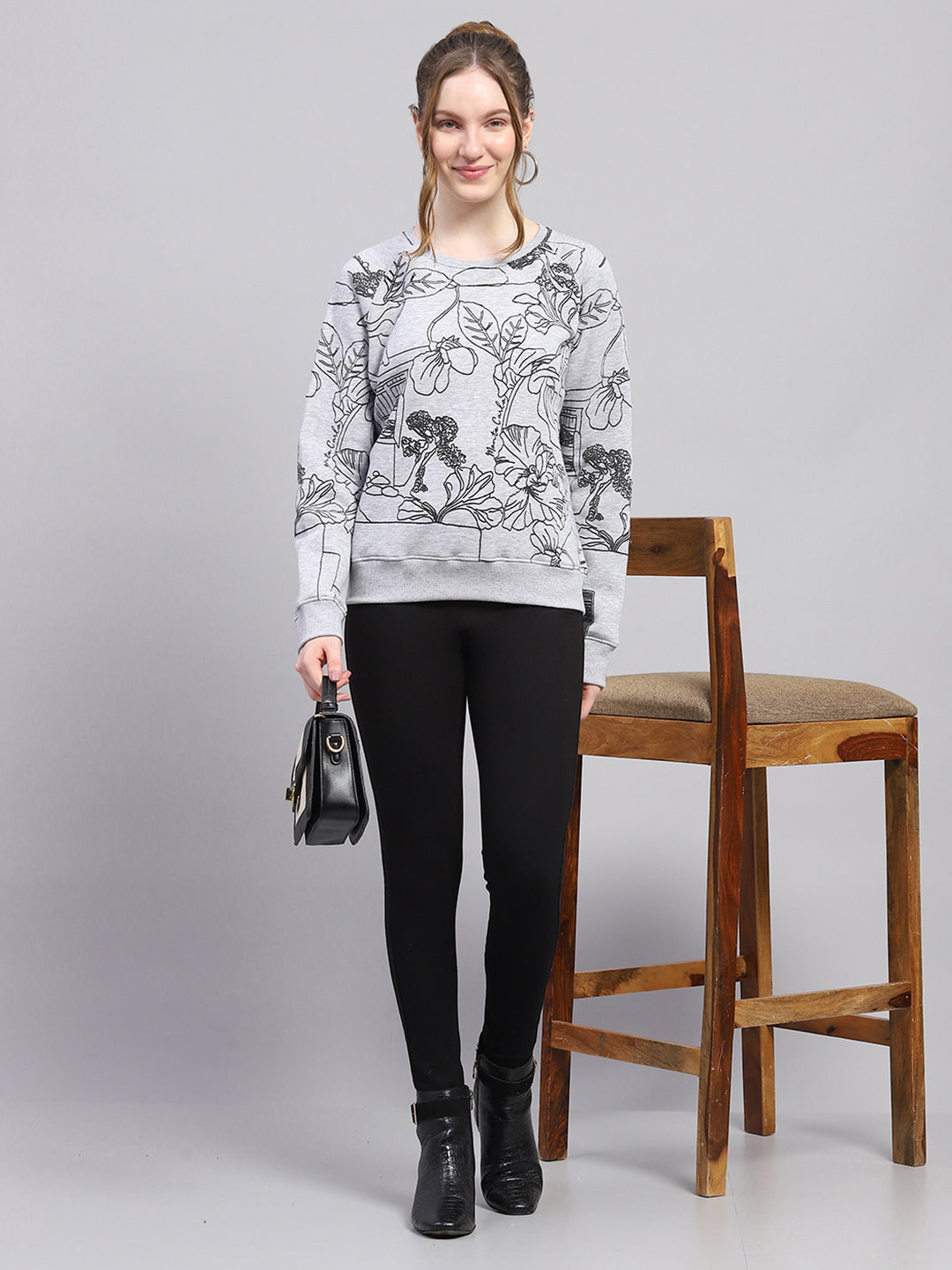 Women Grey Printed Round Neck Full Sleeve Sweatshirt