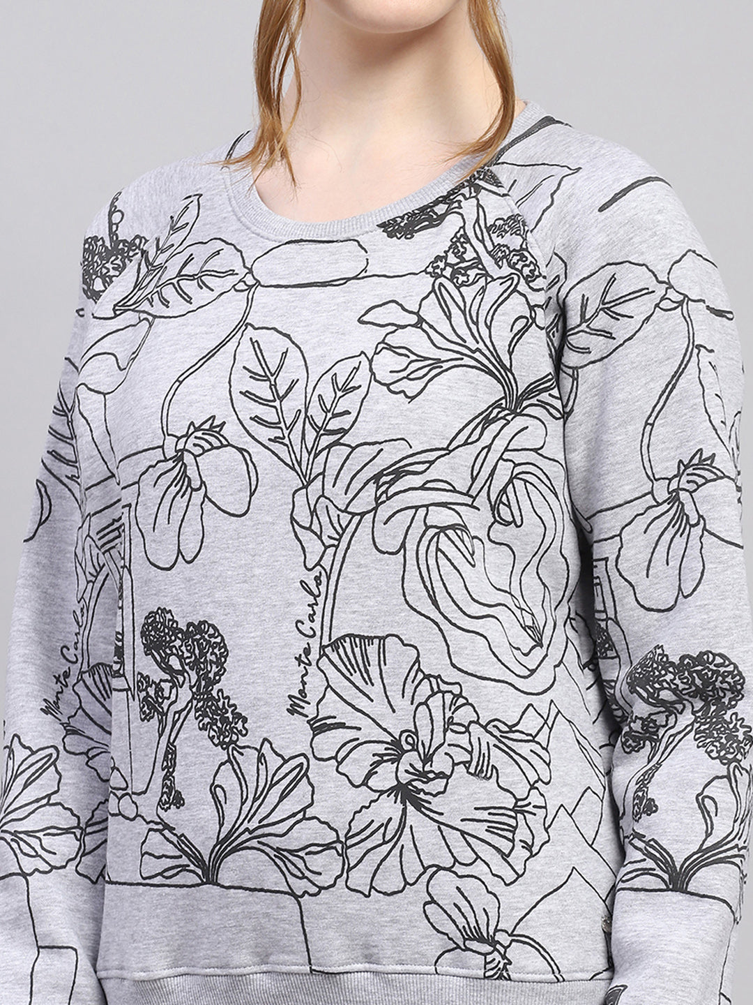 Women Grey Printed Round Neck Full Sleeve Sweatshirt