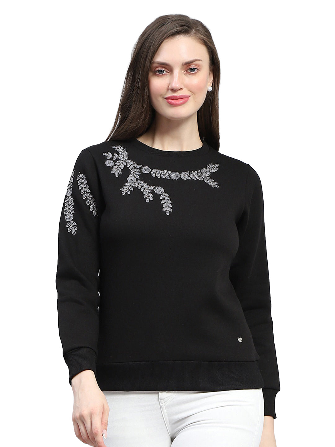 Women Black Embroidered Round Neck Full Sleeve Sweatshirt
