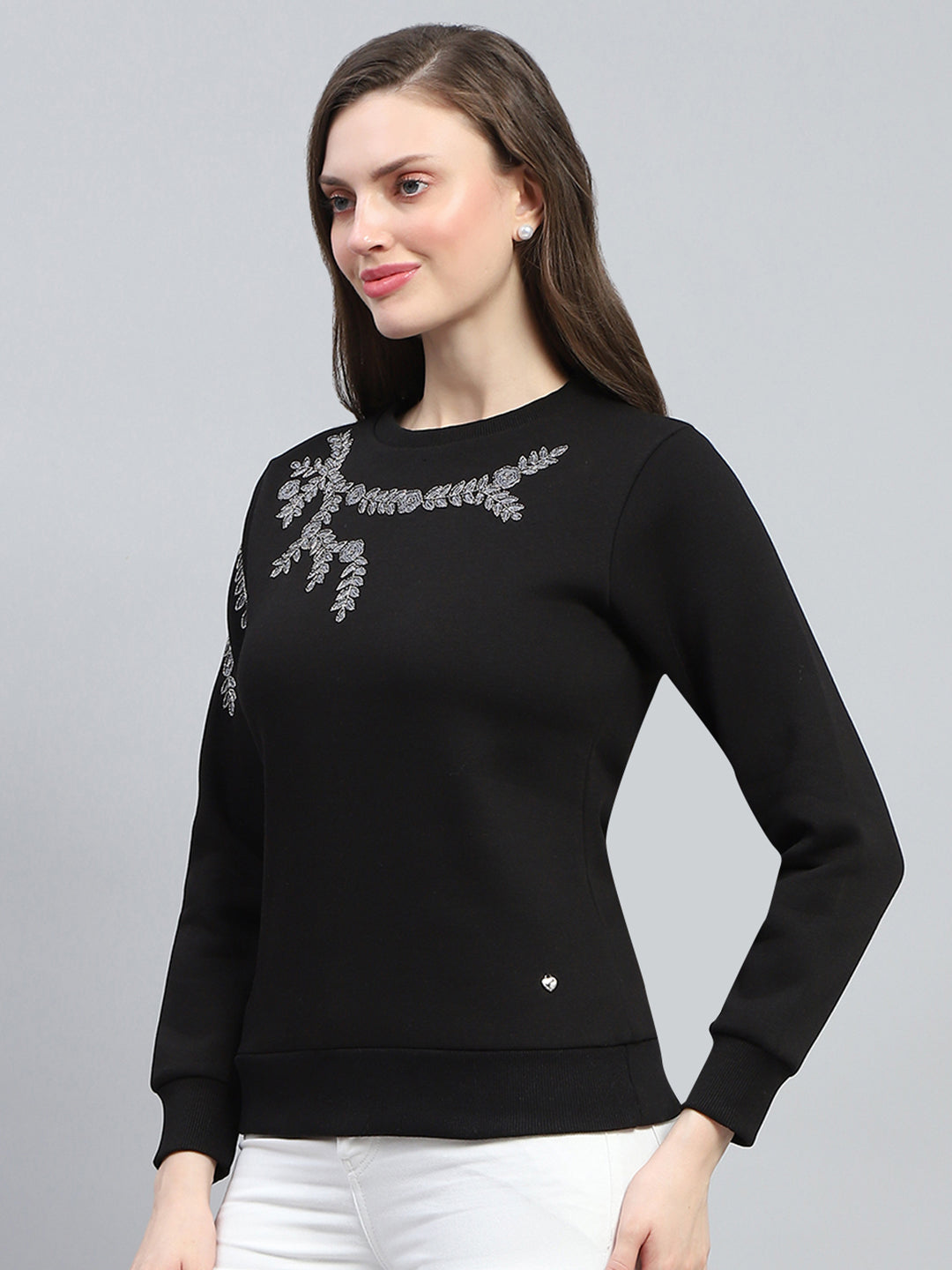 Women Black Embroidered Round Neck Full Sleeve Sweatshirt