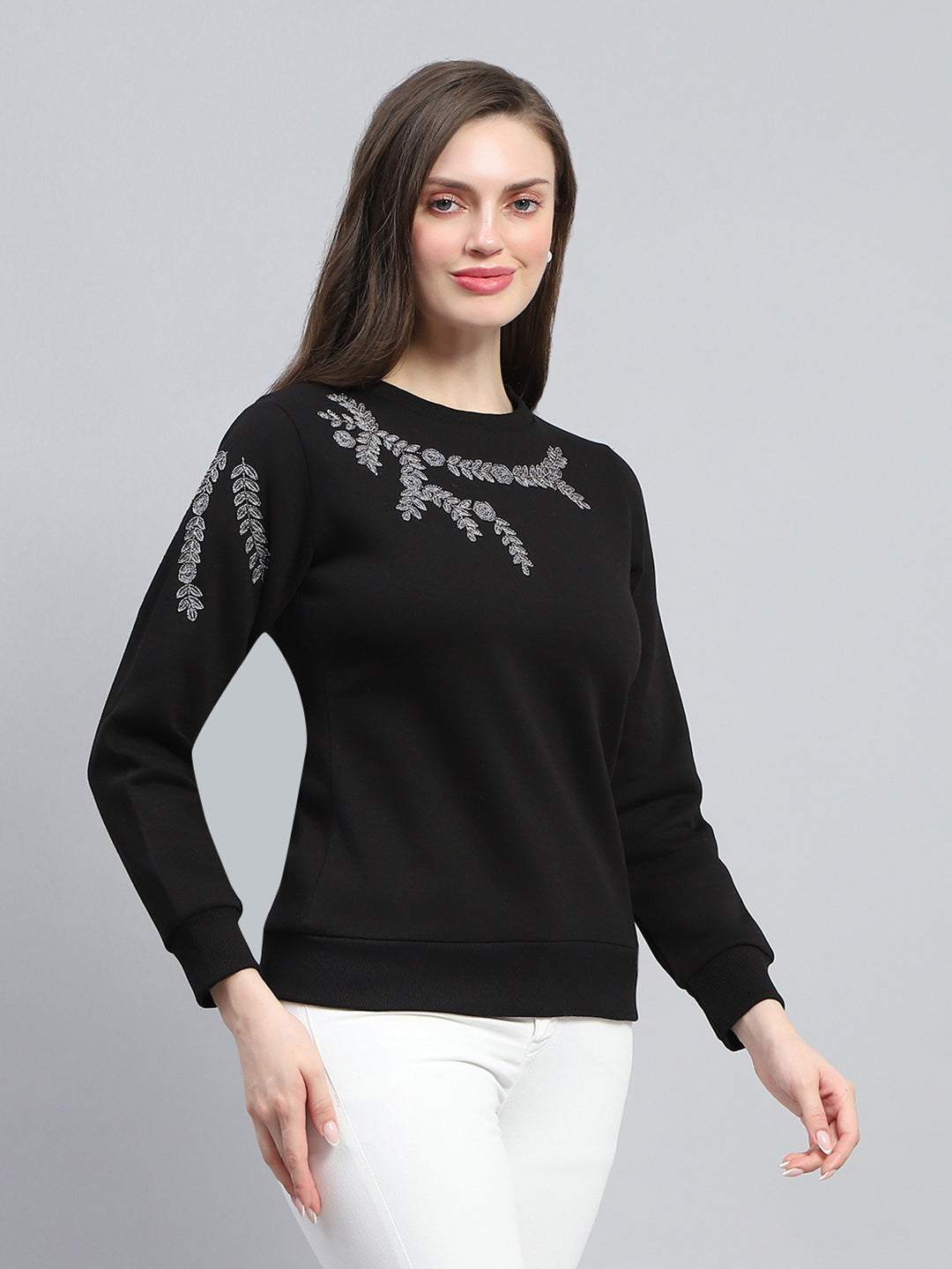 Women Black Embroidered Round Neck Full Sleeve Sweatshirt