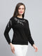 Women Black Embroidered Round Neck Full Sleeve Sweatshirt