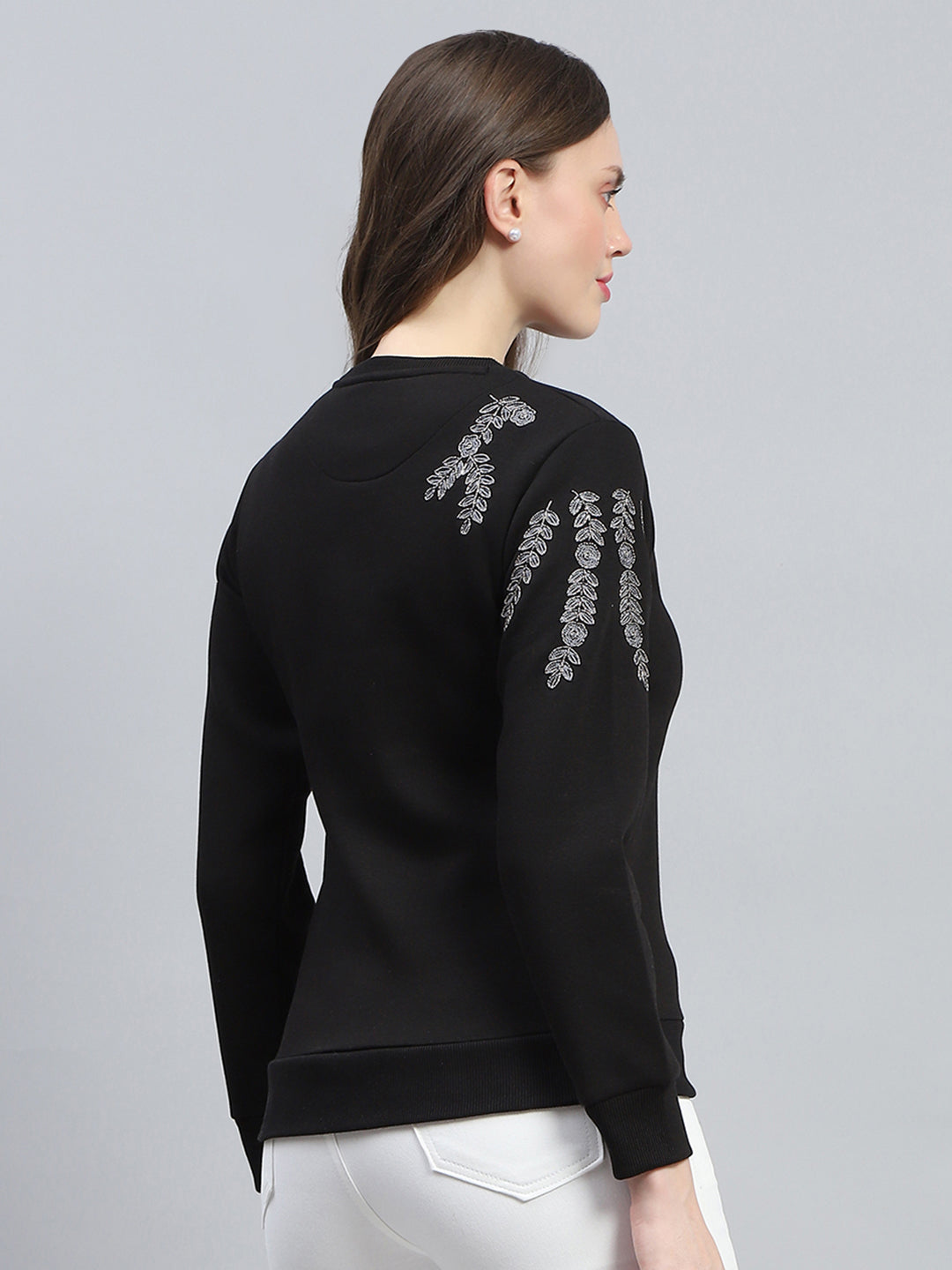 Women Black Embroidered Round Neck Full Sleeve Sweatshirt