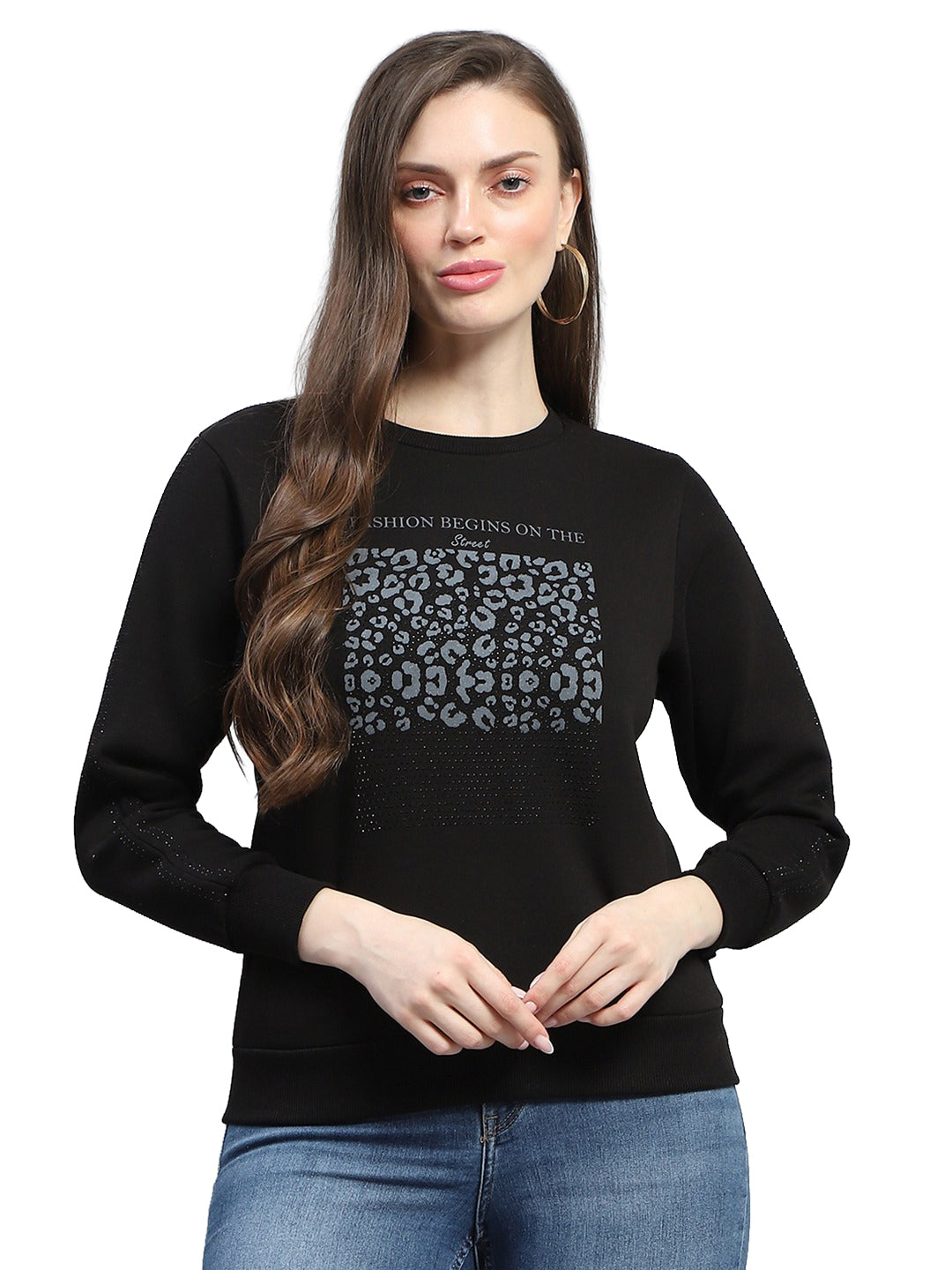 Women Black Printed Round Neck Full Sleeve Sweatshirt